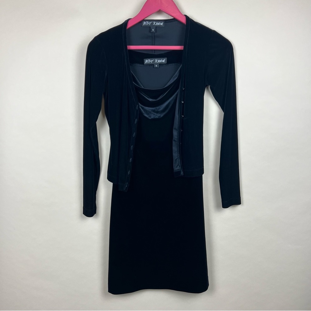 Vintage 90s Betsey Johnson 2PC Black Velvet Dress and Cardigan Size Small